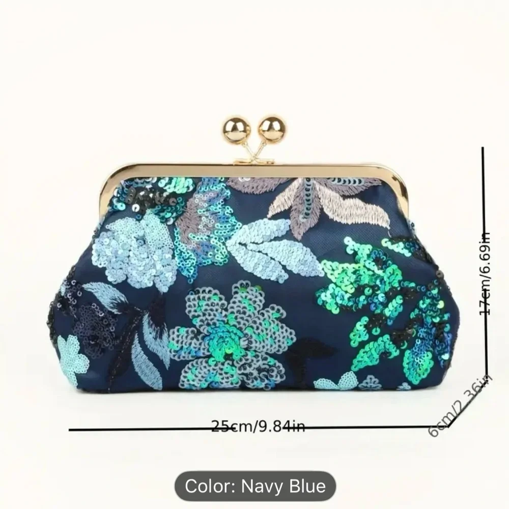 Navy Blue Sequin Floral Evening Clutch - Picture 5 of 6